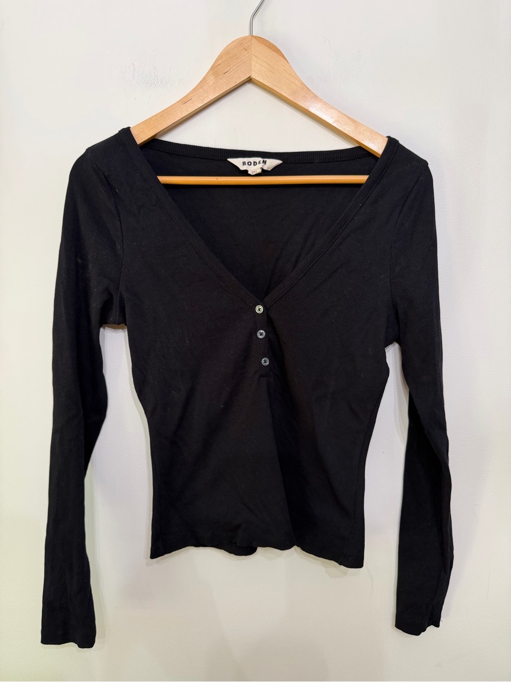 Boden Long Sleeve V-Neck Button Henley Short Top Cotton Blend Black Women’s 8